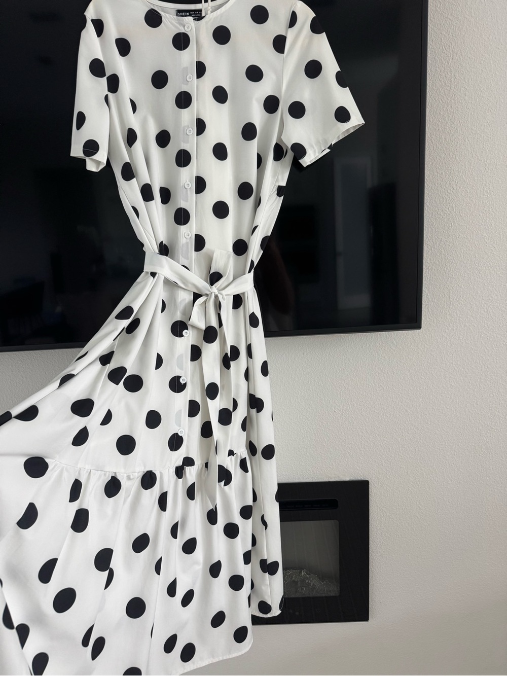 Polka Dot Button-Front Tie-Waist Dress - White/Black